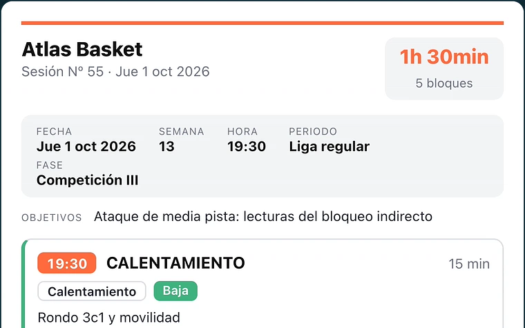 PDF de una sesión de entrenamiento con sus bloques y diagramas