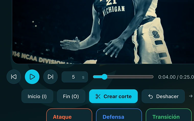 El editor de vídeo de TactiCourt con un partido y sus cortes