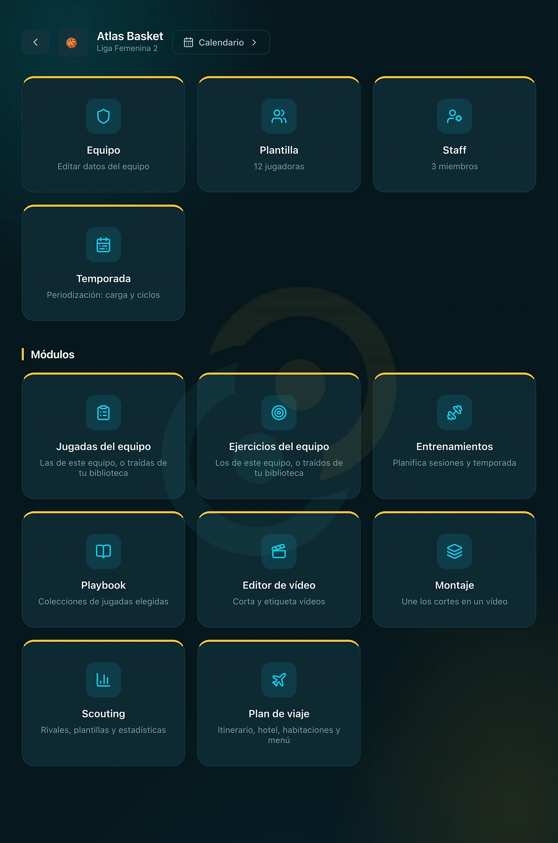 La pantalla de un equipo en TactiCourt con todos sus módulos